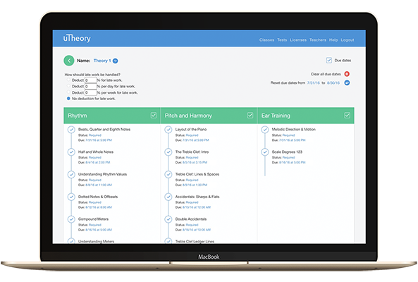 The class lesson assignment page, where teachers can assign lessons and set due dates in uTheory.