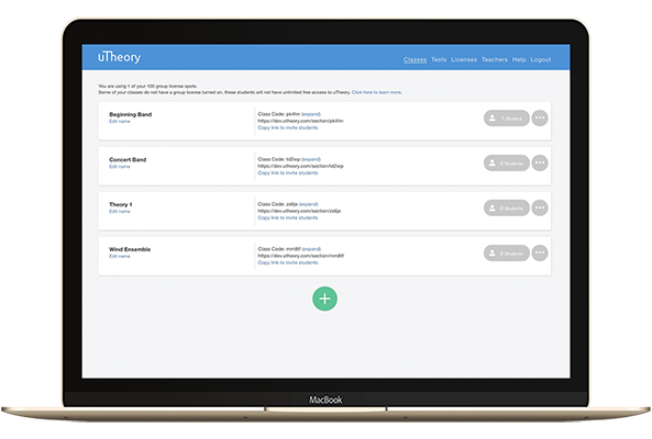 The teacher's classes view, where a teacher can create and change class settings on uTheory.