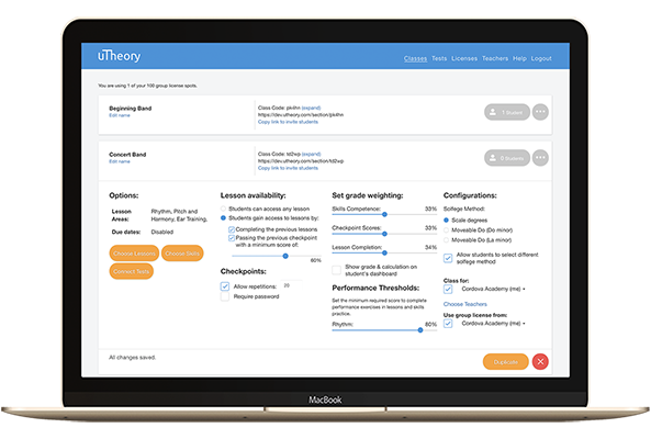 The teacher's class options view, where settings for classes can be changed in uTheory.